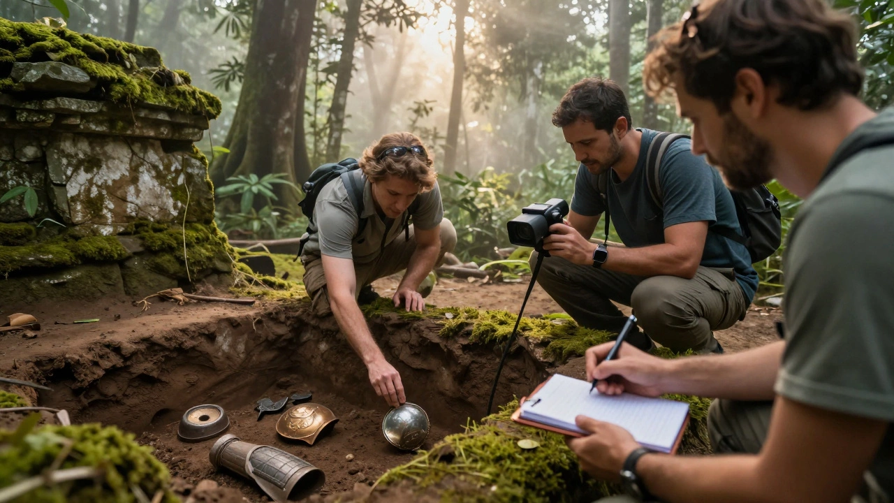 Археологическая экспедиция в джунглях Амазонки раскапывает древний артефакт под руководством учёных.