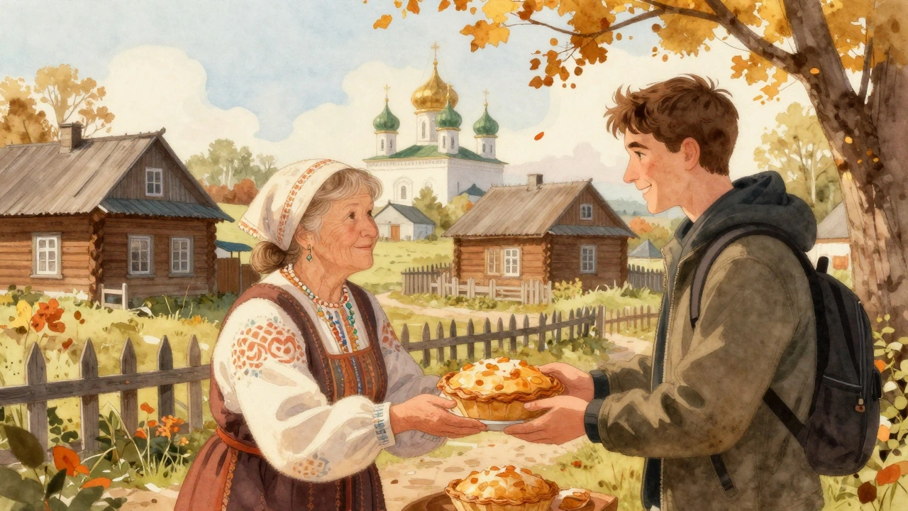 Бабушка в деревне у Суздаля дарит пироги туристу среди деревянных домов и церквей под осенним солнцем.