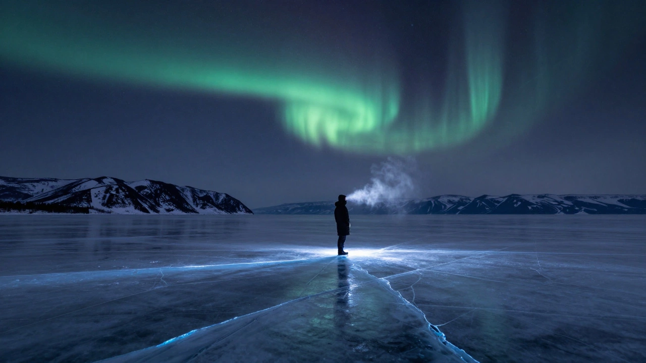 Человек на берегу Байкала утром, лед трещит, над головой северное сияние.