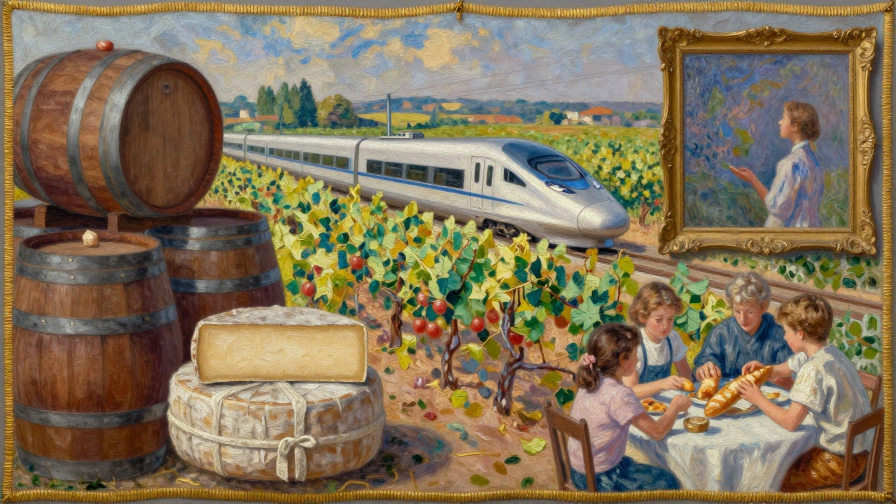 Франция как ткань: вино, сыр, поезд, картина и семейный ужин — символы культуры.