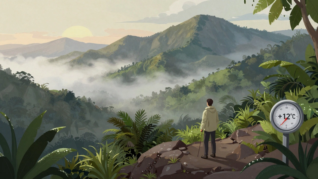 Горы в тропиках утром, туман и турист в легкой куртке на тропе.