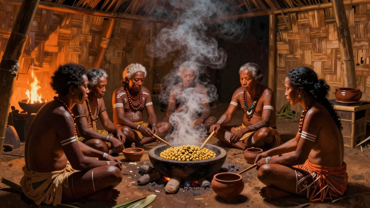 Гости в Папуа-Новой Гвинее учатся готовить блюдо из личинок пальмовой моли у местных жителей.