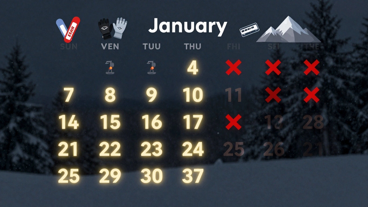Календарный лист января, где вторая половина светится золотом, окружена символами экономии и лыжного отдыха.