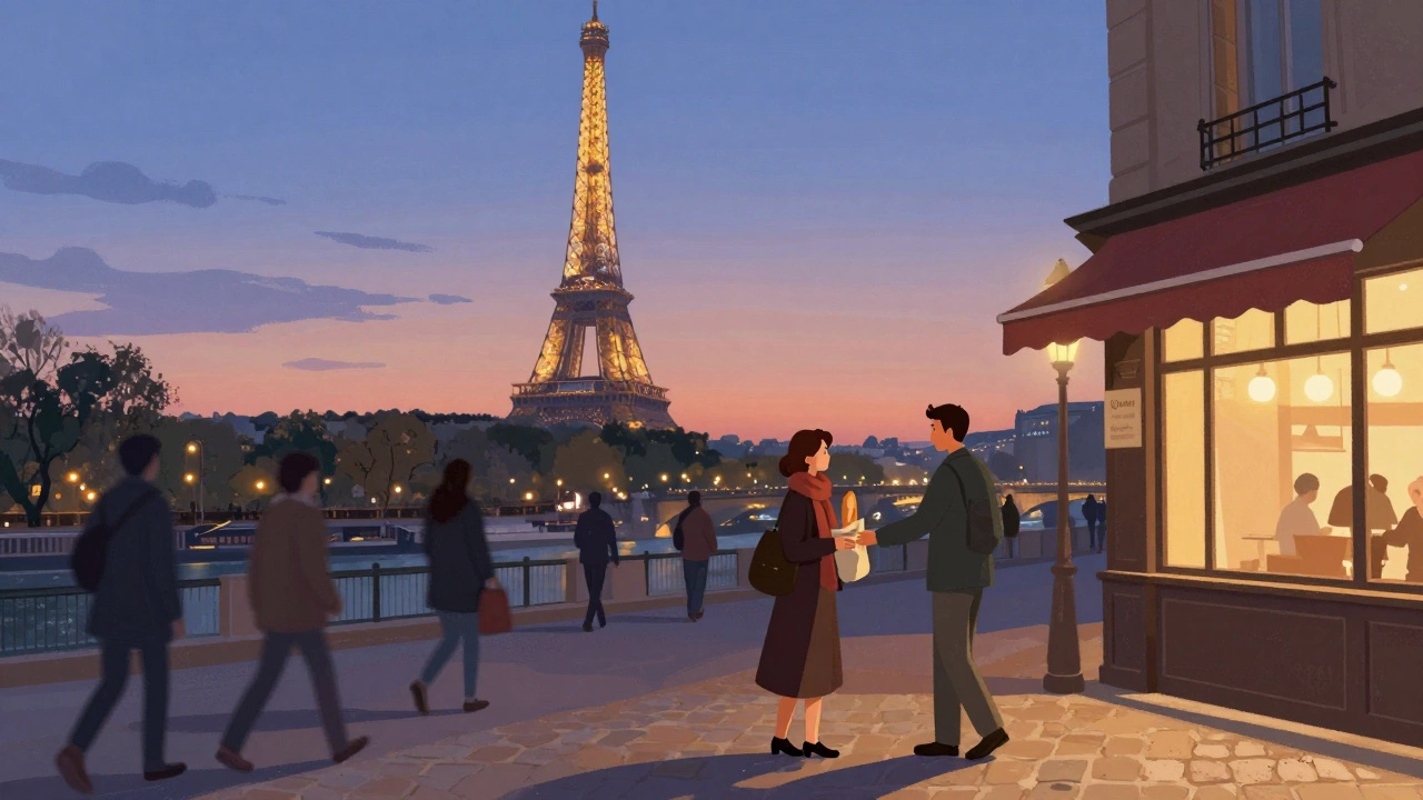 Париж на закате: Эйфелева башня, люди у Сены и аромат свежего хлеба.