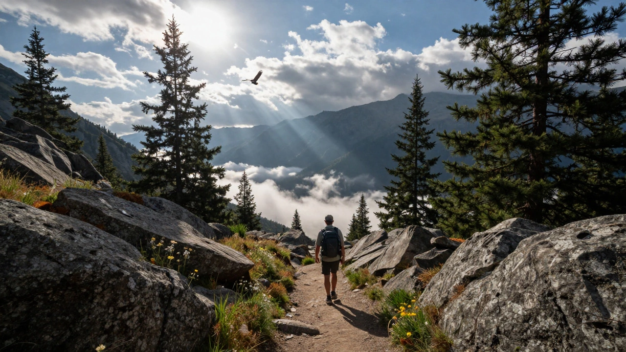 Пешеход на горной тропе останавливается, глядя на облака в долине.