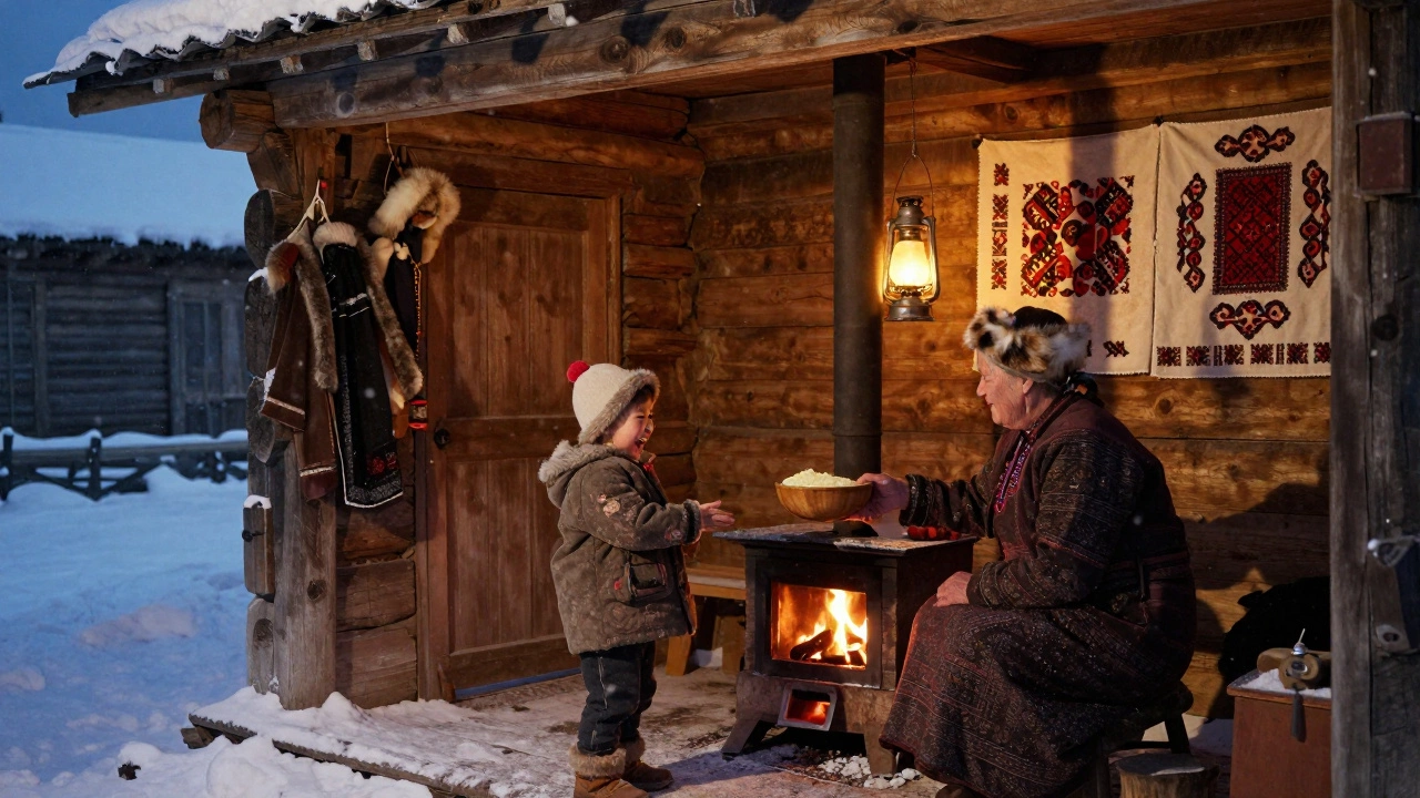 Сибирская деревня, бабушка угостит кумысом гостя у печи, свет лампы и снег за окном.