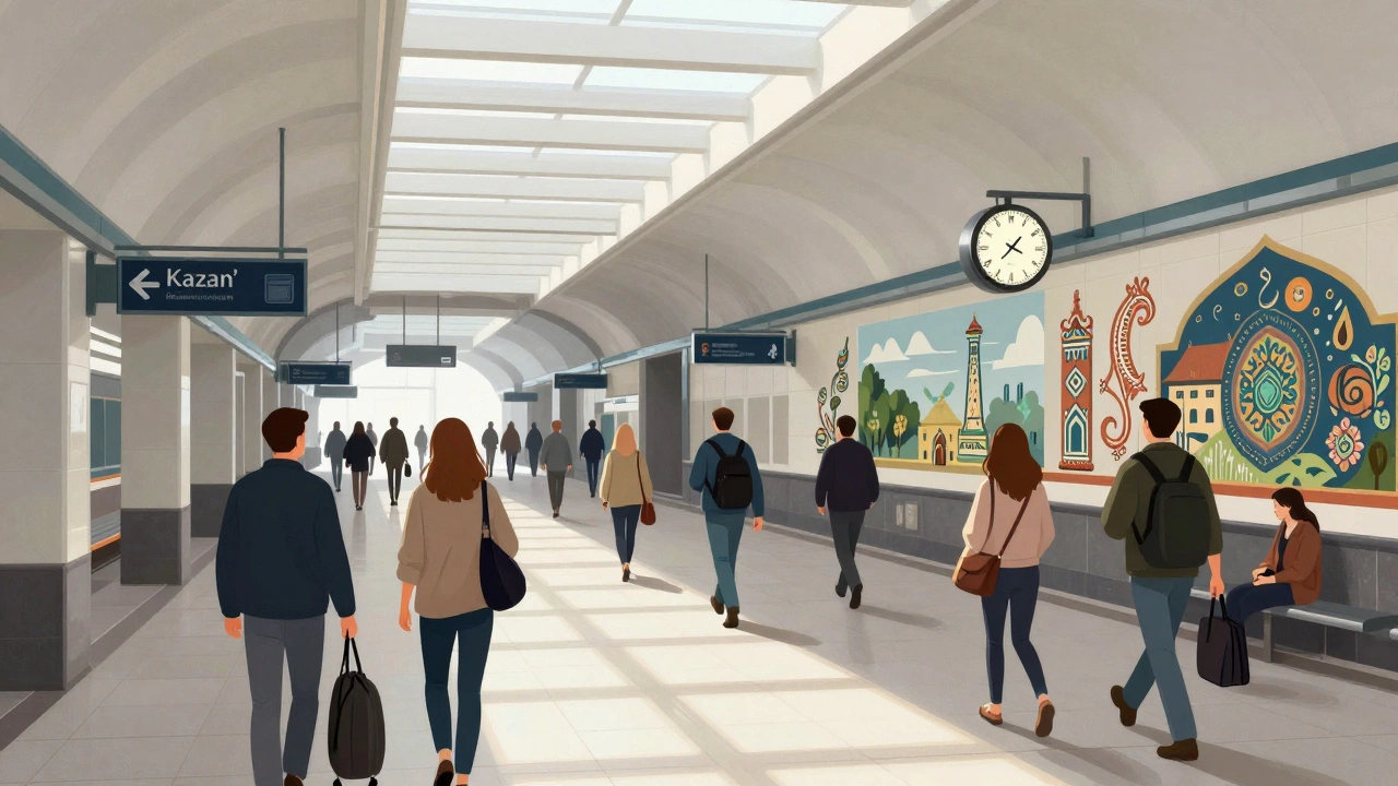 Современная станция метро в Казани, пассажиры спокойно перемещаются под светом окон.