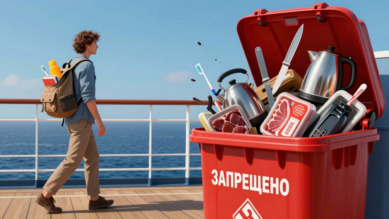 Сравнение разрешенных и запрещенных вещей при посадке на круиз: спокойный турист и груда запретов.