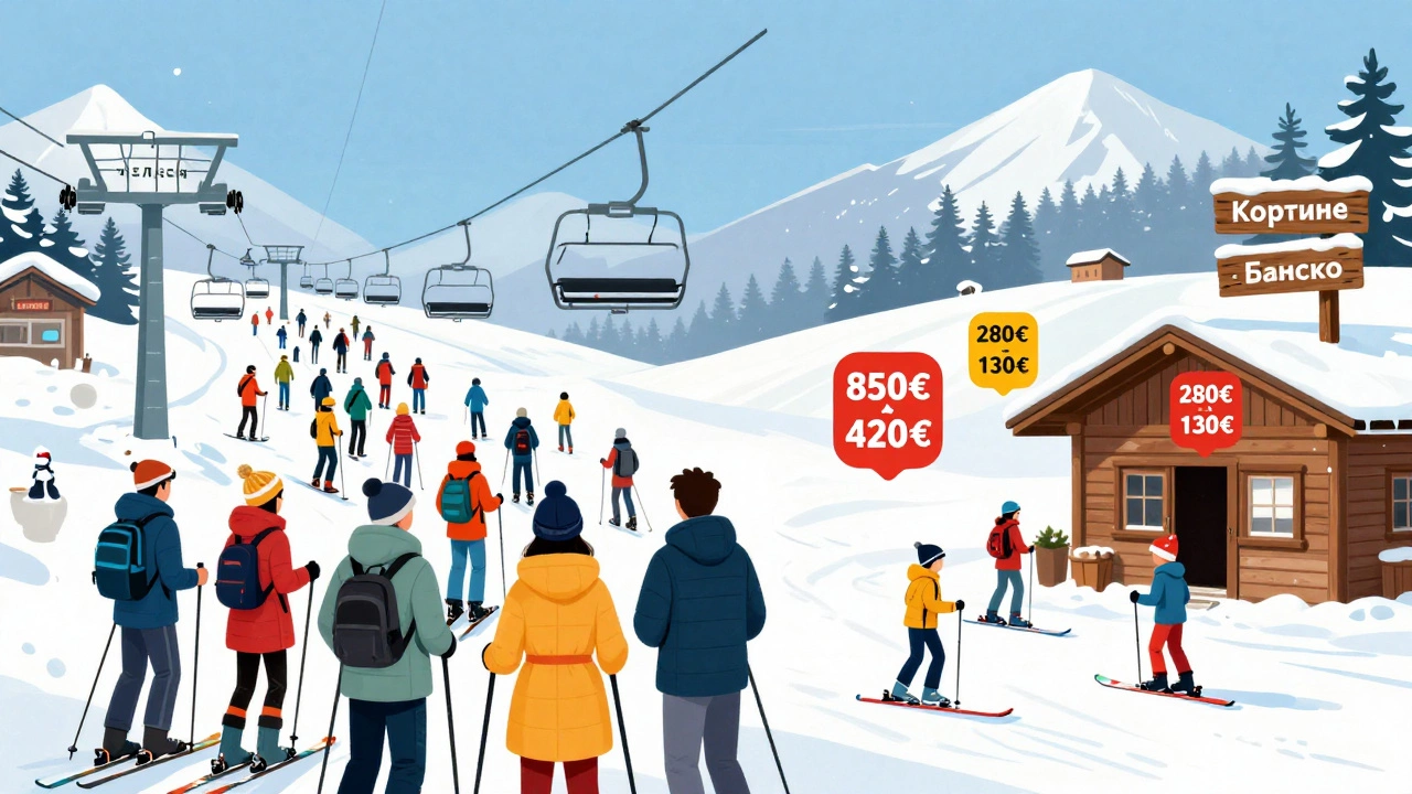 Сравнение загруженного горнолыжного курорта в декабре и тихого курорта в январе с указанием ценовых скидок.