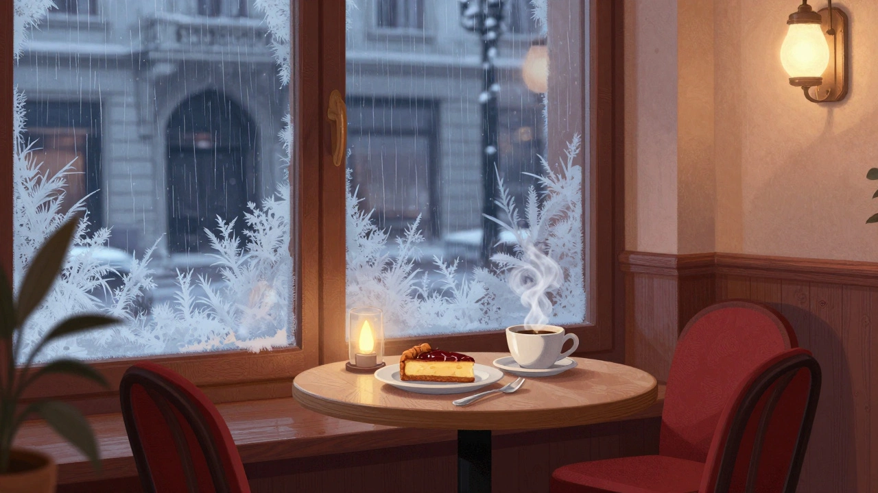 Уютное венское кафе в январе с тортом и кофе у окна с инеем.