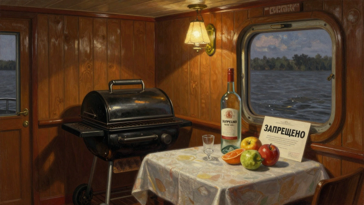 В каюте круизного лайнера конфискованные запрещенные предметы лежат на столе с предупреждением.