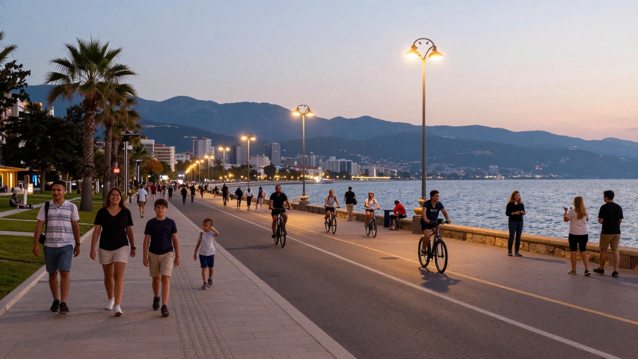Вечерняя набережная Сочи с туристами, велодорожками и горами на фоне под тёплым закатным светом.