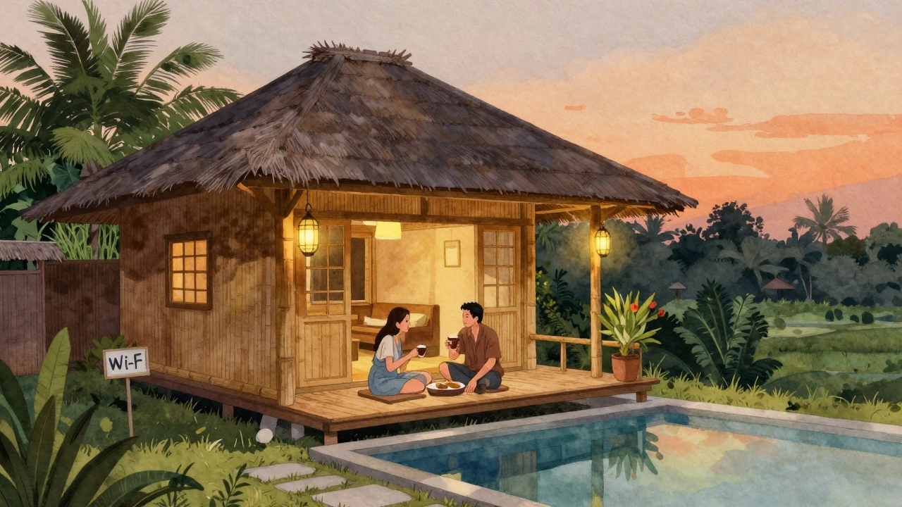 Бамбуковая вилла на Бали вечером с двумя людьми на террасе, пить кофе и вид на бассейн.