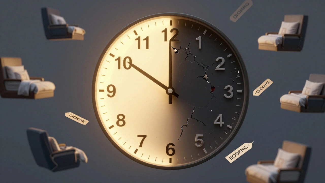 Часы, где золотая зона 3-6 недель до вылета — лучшее время для покупки тура, а последние дни разрушаются, символизируя упущенные возможности.