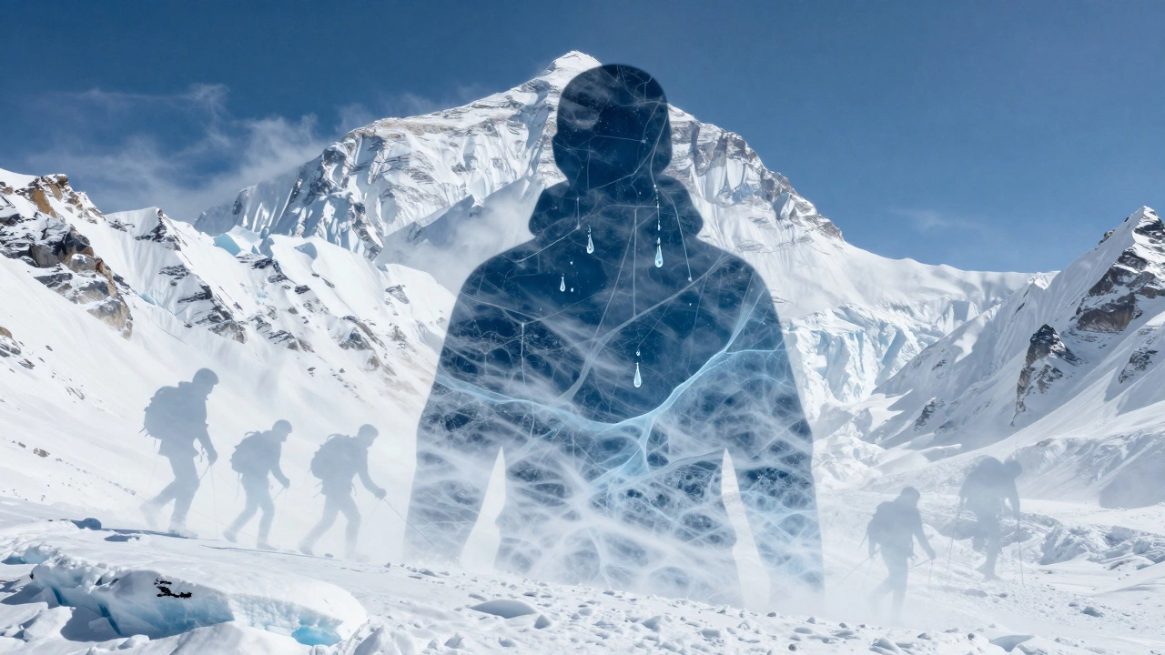 Человеческая фигура в ледяной корке Эвереста, как будто часть горы, с призрачными тенями прошлых climbers.