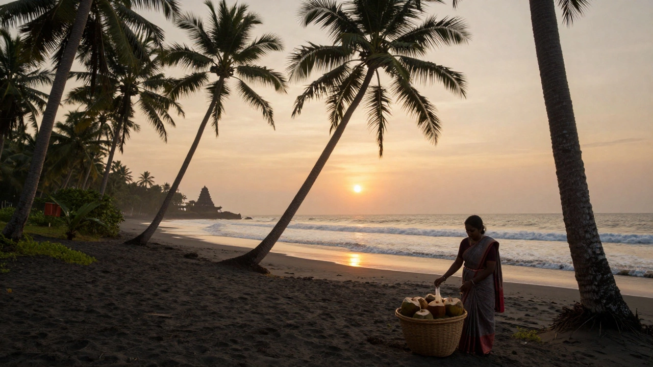 Черный пляж в Керале, Индия, с кокосовыми пальмами и местной торговкой кокосами на закате.