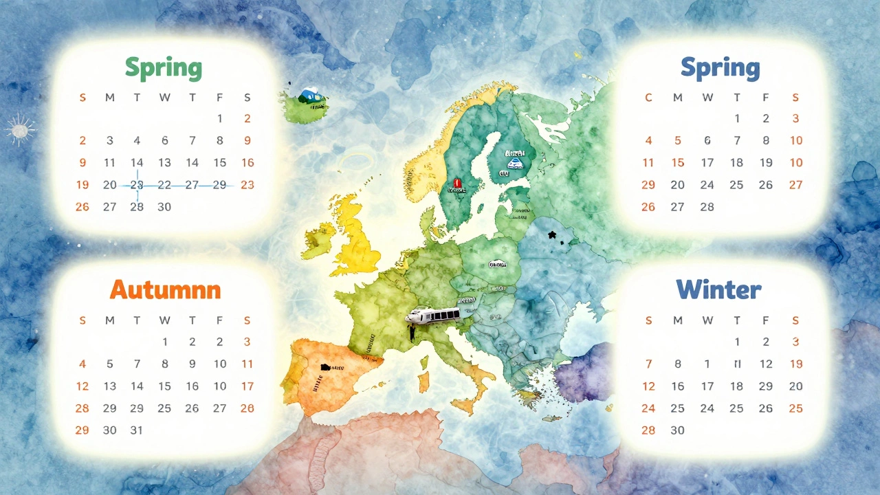 Цветной календарь с сезонами Европы, показывающий оптимальные недели для поиска горящих туров в Болгарию, Грецию и Прагу.