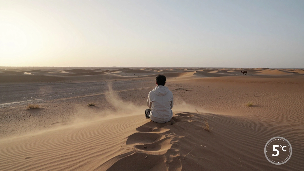Гоби, Монголия, рассвет, человек на дюне, холодное утро, без дождя, пустынный пейзаж.