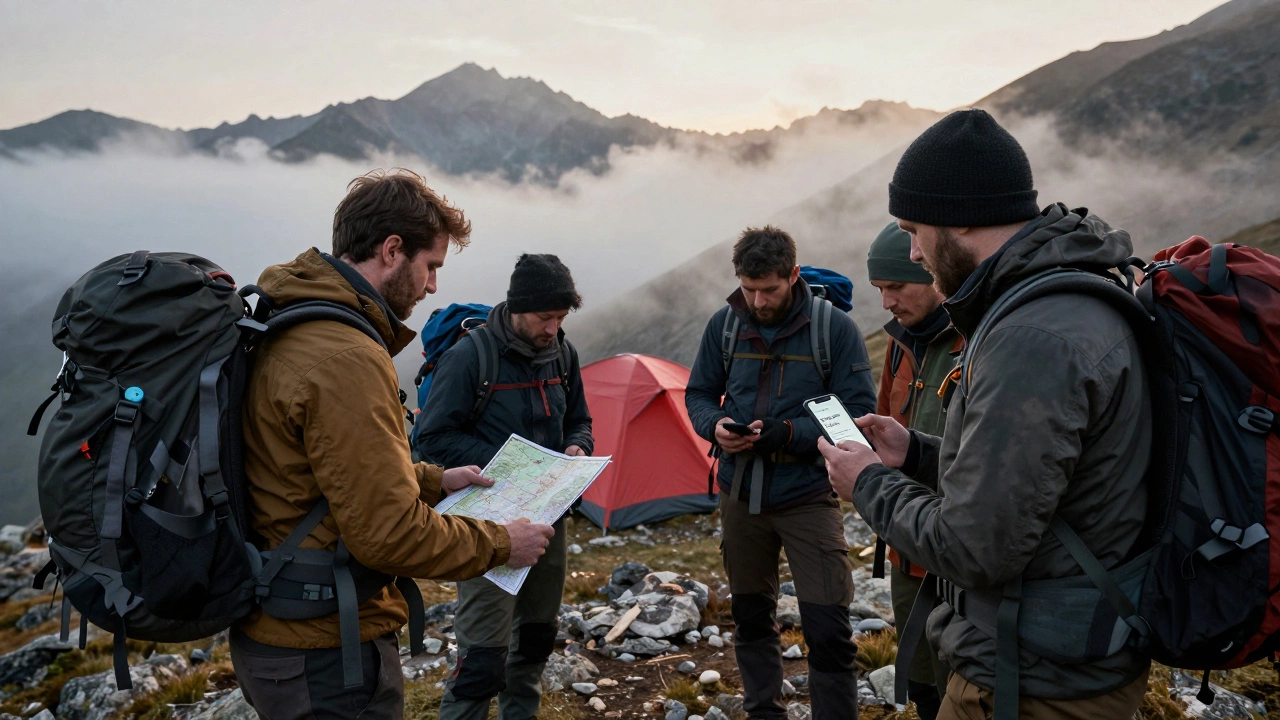 Группа туристов в горах Кавказа получает сообщение о скидке на поход, рассмотрев карту на рассвете.