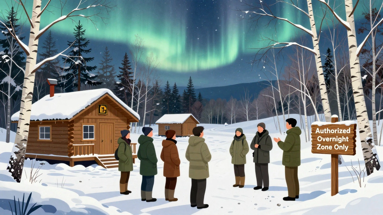 Научная станция на Байкале с посетителями и знаком 'Зона для ночёвки разрешена'.