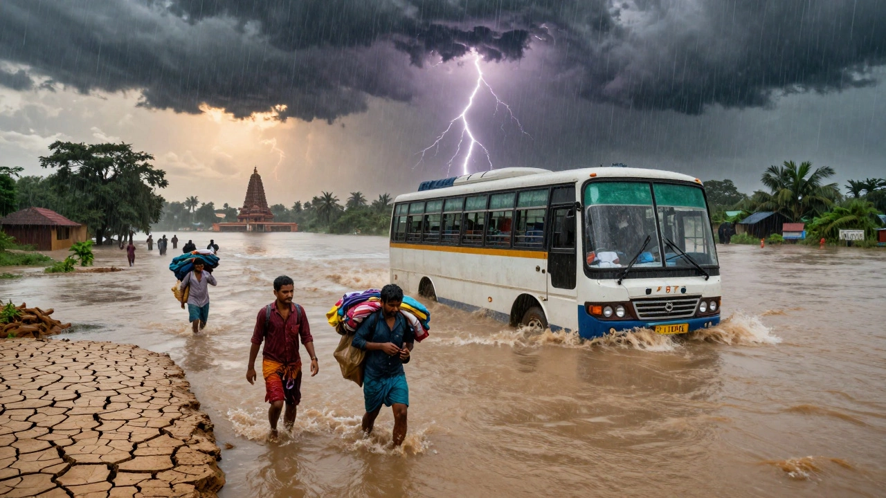 Наводнение в Индии во время муссона: люди идут по воде, затопленный автобус, тёмные тучи.
