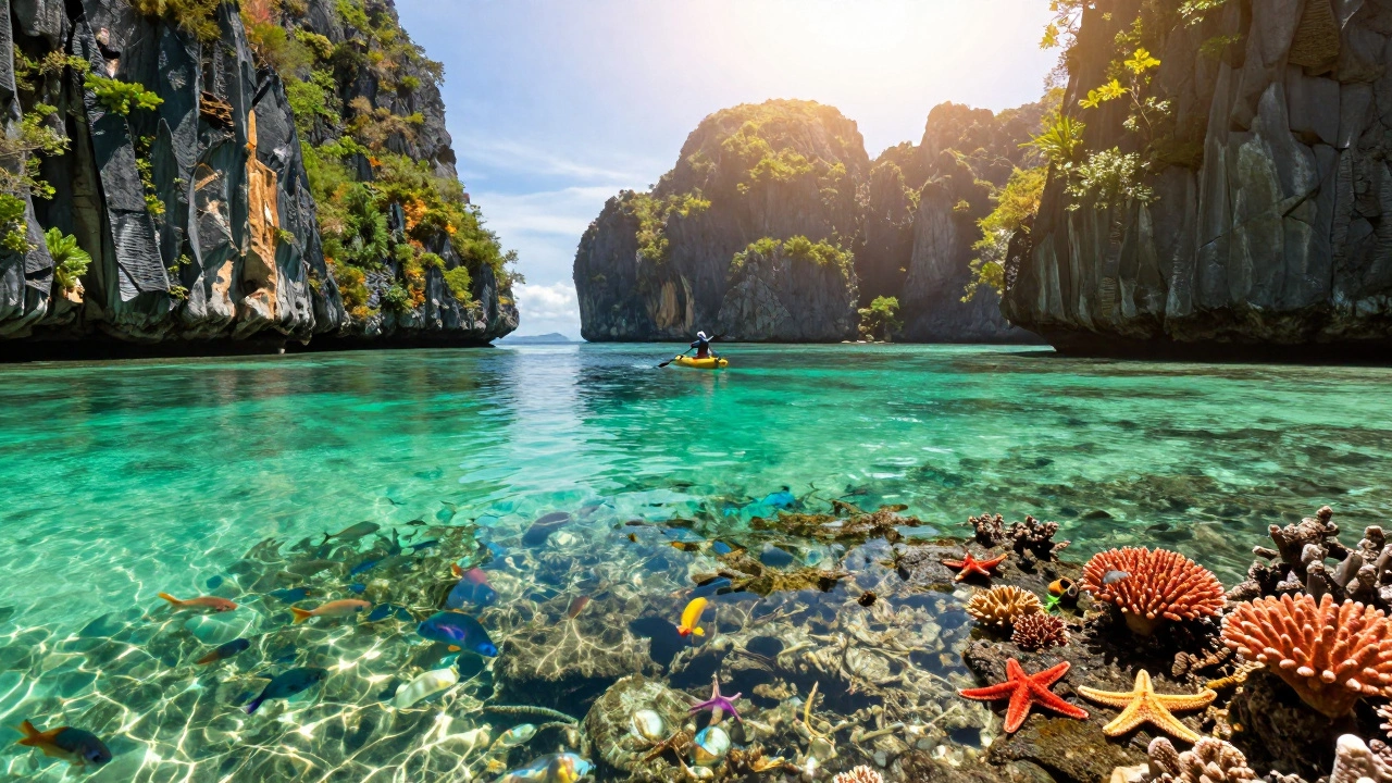 Прозрачные лагуны Эл-Нидо, Филиппины, с каменными утесами и рыбами на дне.