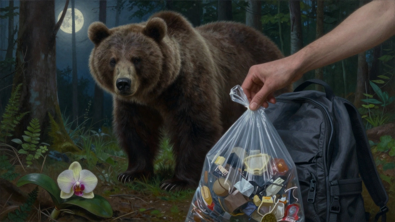 Рука человека кладёт мусор в сумку, на фоне — медведь и редкая орхидея в лесу при лунном свете.