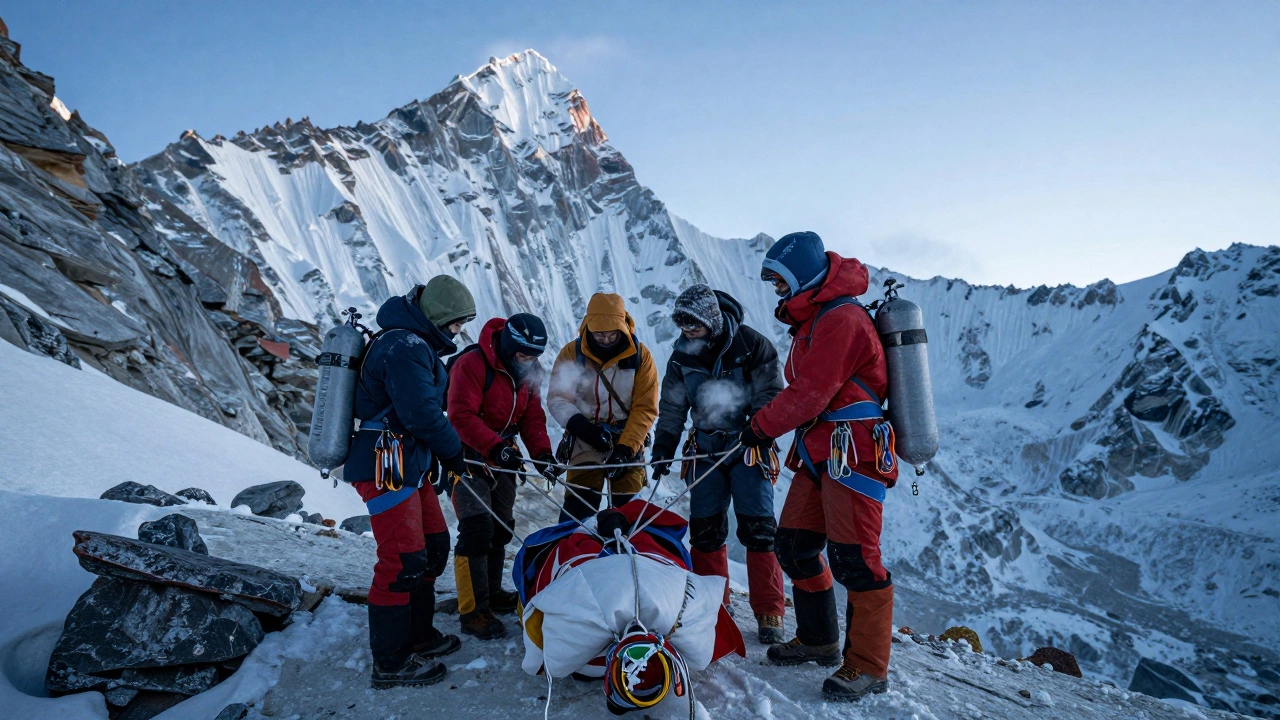 Шерпы осторожно спускают тело на высоте более 8000 метров, окружённые ледяными скалами.