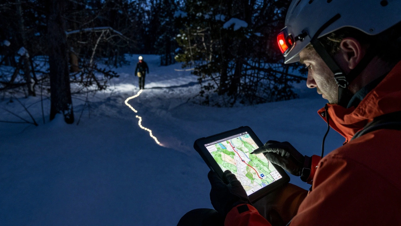 Спасатели анализируют трек пропавшего туриста на карте ночью в снежном лесу.