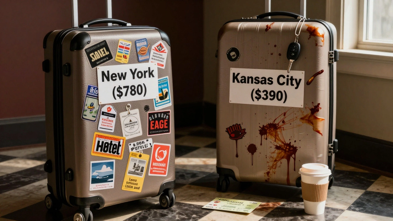 Суфле на шахматной доске: чемодан с метками Нью-Йорка и Канзас-Сити — выбор между дорогим и доступным.