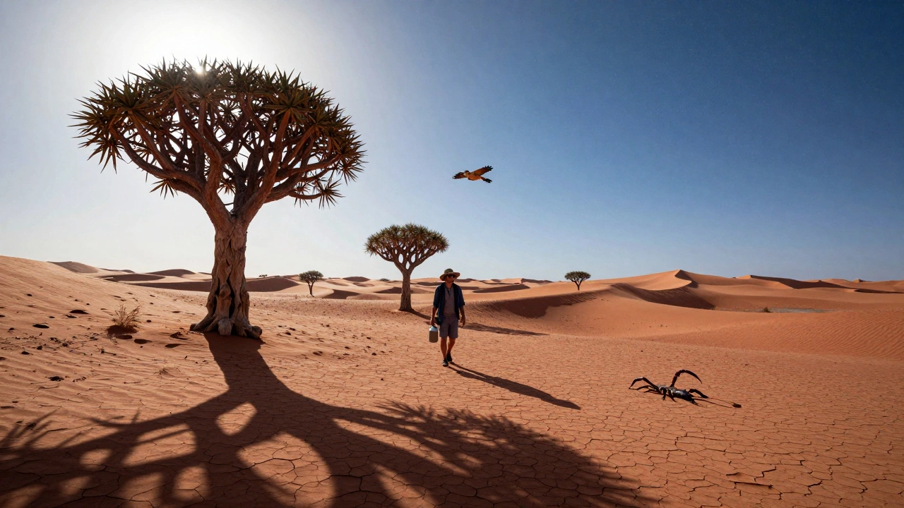 Тропическая пустыня на Мадагаскаре: красные дюны, колючие деревья, путник с водой, ночная звезда.