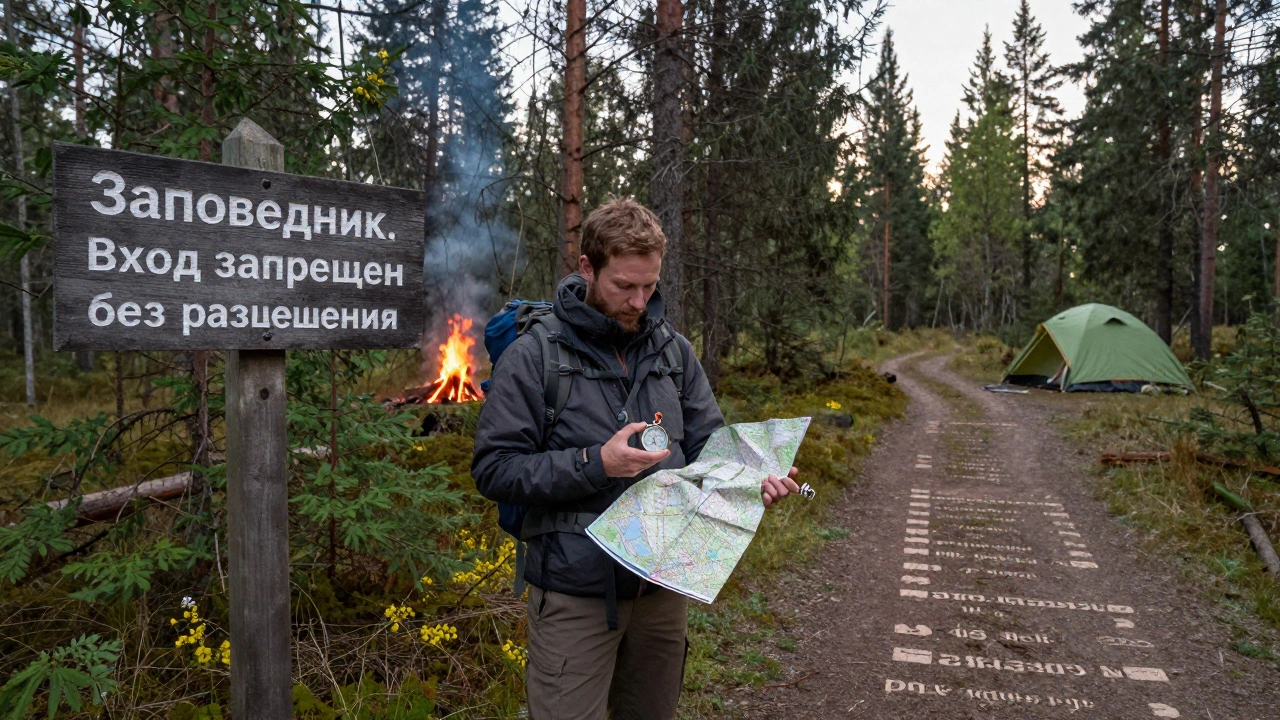 Турист на границе заповедника с картой и компасом, за ним — нелегальный костёр, впереди — разрешённая тропа.