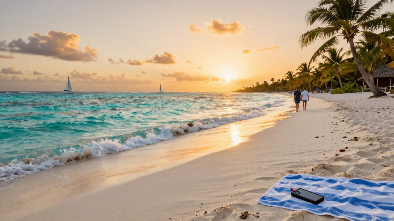Закат на карibbeanском пляже: белый песок, море, пальмы, пара идёт по берегу, парусник на горизонте.