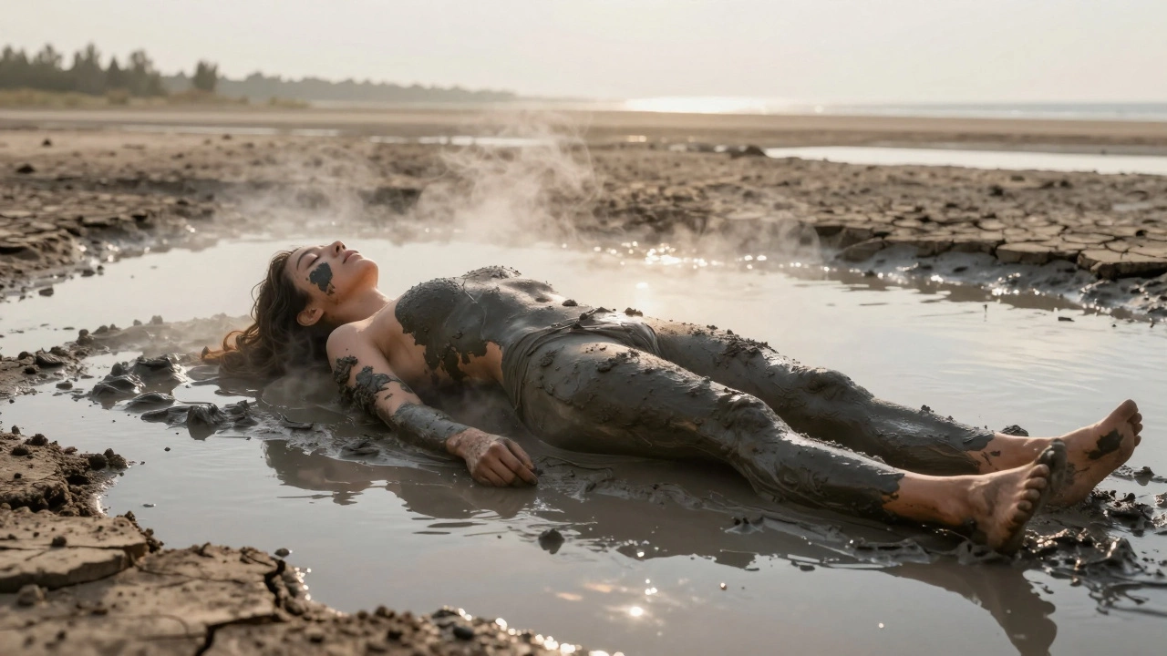Человек покрыт тёмной целебной грязью с Каспийского моря, над телом поднимается лёгкий пар.