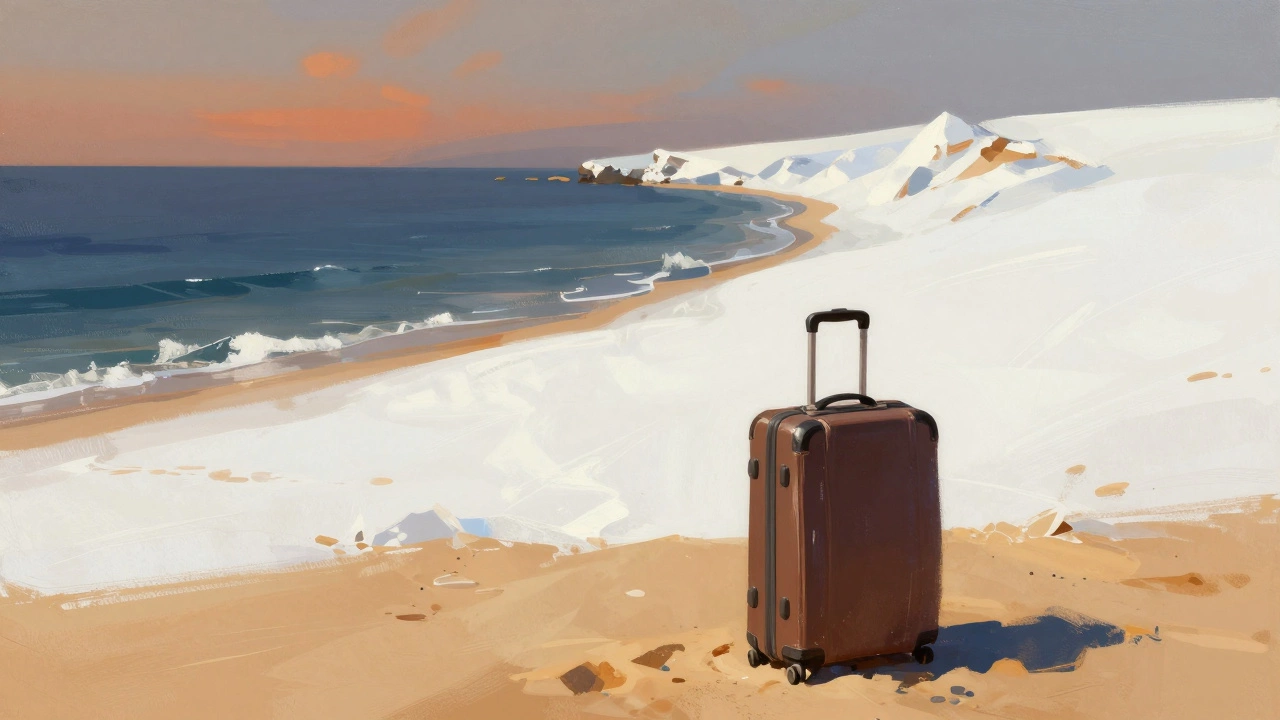 Чемодан путешественника на фоне океана и льда