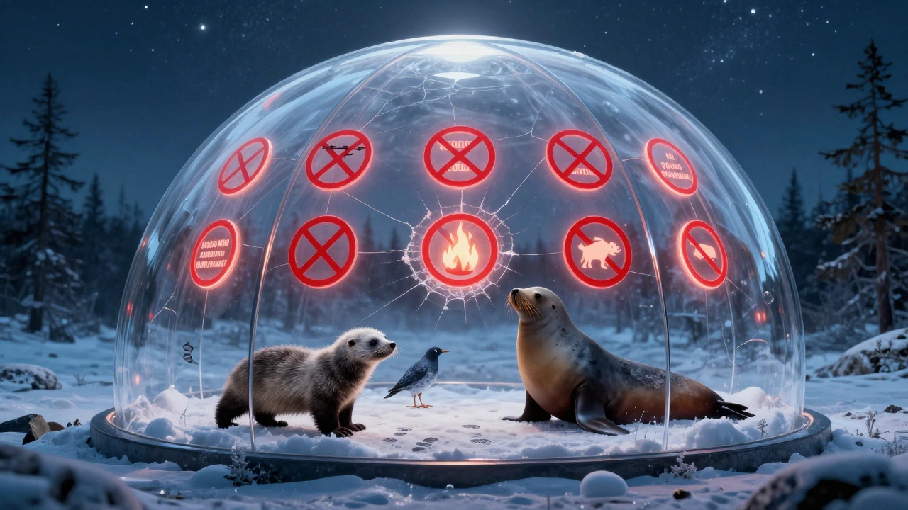 Хрупкая стеклянная оболочка заповедника трескается под давлением запретов, внутри — дикие животные живут в гармонии под звёздным небом.