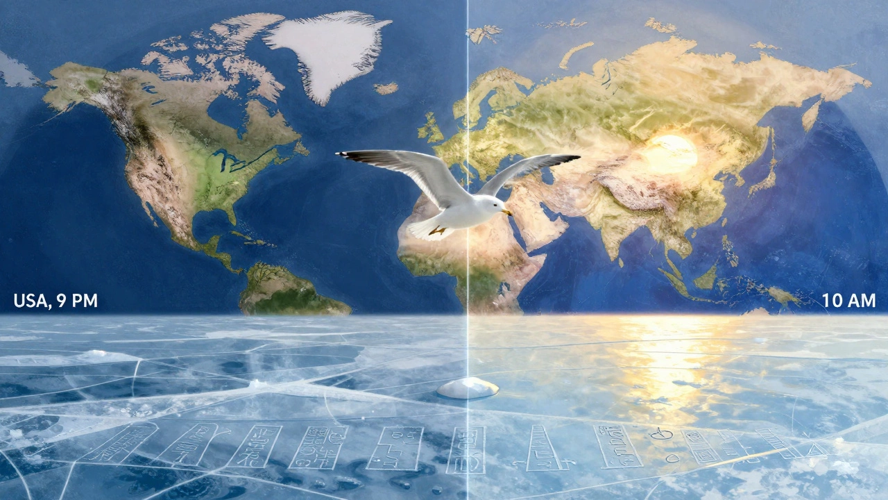 Иллюстрация островов Диомид, где один берег освещён утренним солнцем, другой — вечерним светом, символизируя разницу во времени.