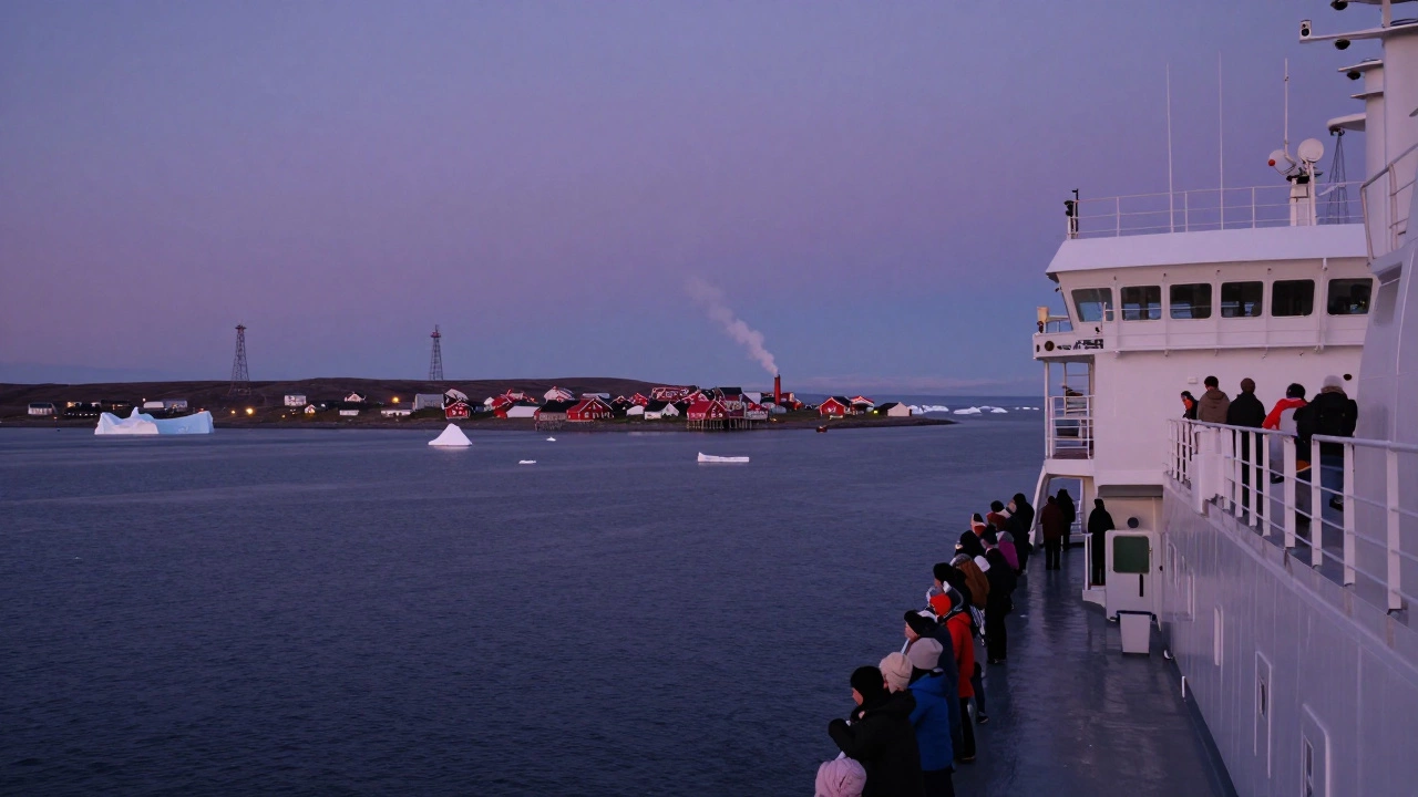 Круизный корабль в Беринговом проливе, вид на российские и американские острова при сумерках, вокруг — льды и туман.