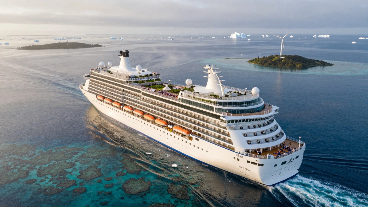 Круизный лайнер проплывает мимо тропических островов и ледяных пейзажей, на палубах — сады, йога и живая природа вокруг.