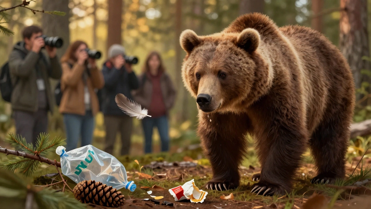 Медведь рассматривает брошенную упаковку, туристы наблюдают с расстояния через объектив, вокруг — следы человеческого вмешательства в природу.