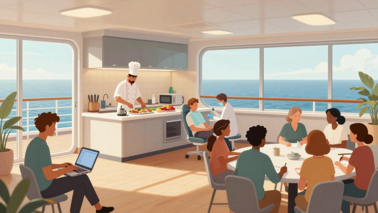Разнообразная община на борту круизного судна: работающие, лечившиеся, обучающиеся и участвующие в голосовании — всё в одном пространстве.