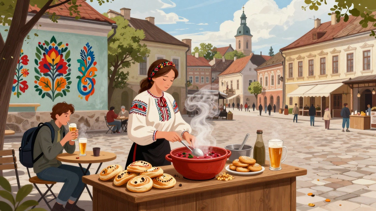 Рынок в Львове: женщина подаёт борщ и пампушки, за столом — путешественник с пивом.