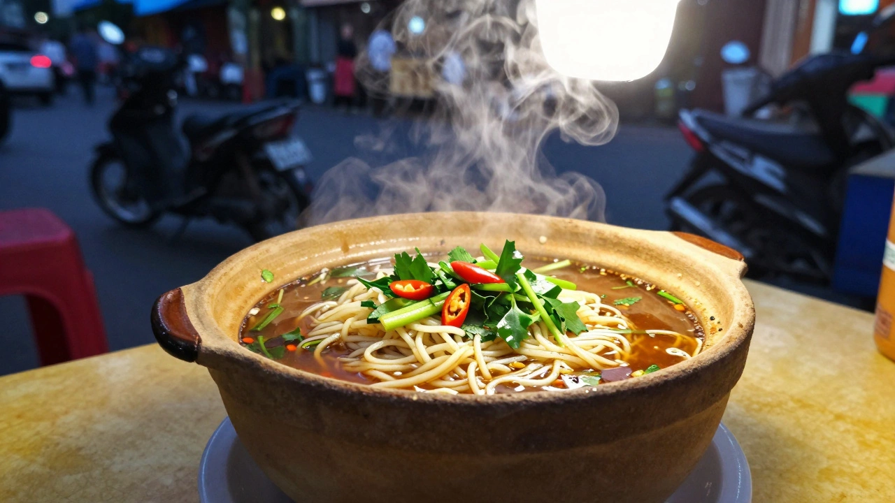 Тарелка горячей лапши на пластиковом столике уличной еды во Вьетнаме.