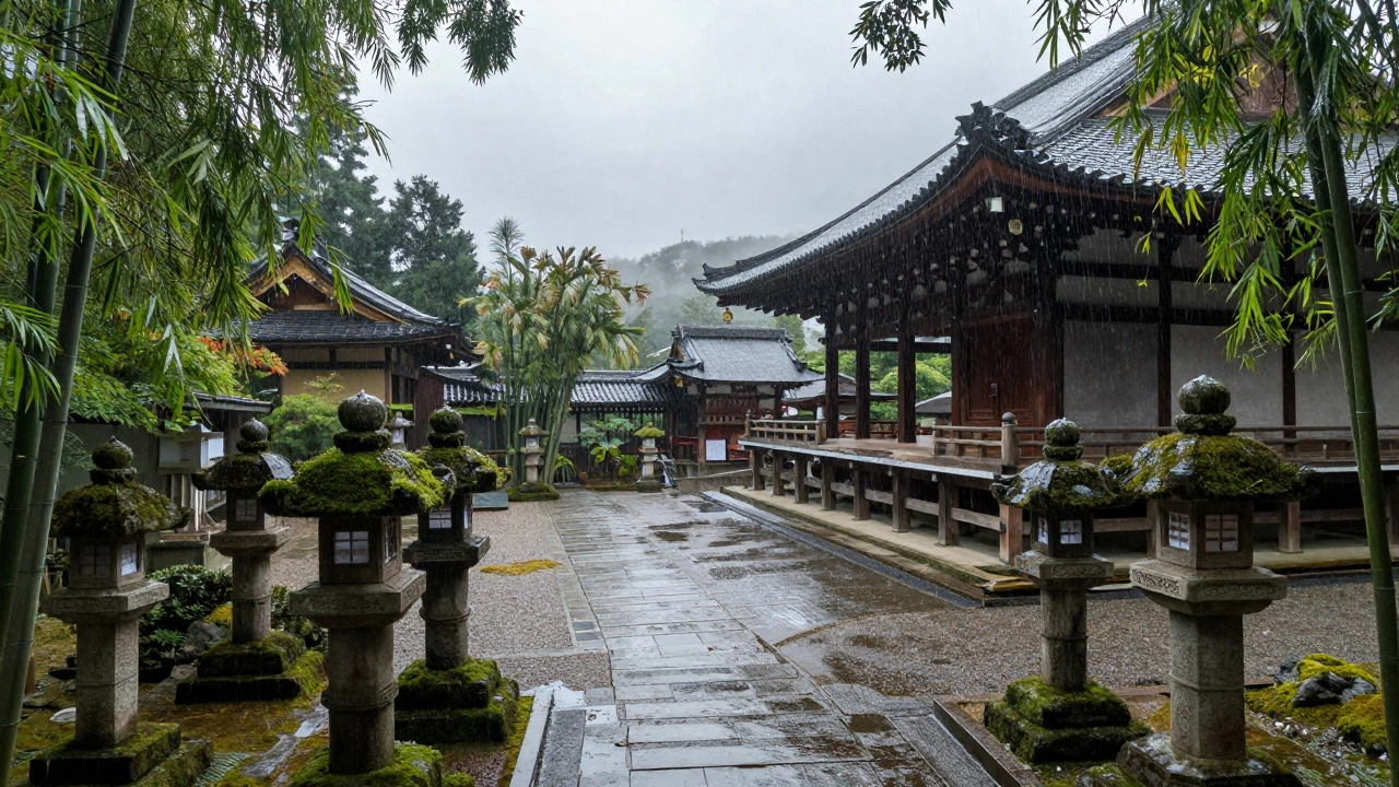 Тихий японский храм в Киото во время дождливого сезона, мхи и каменные фонари под дождем.