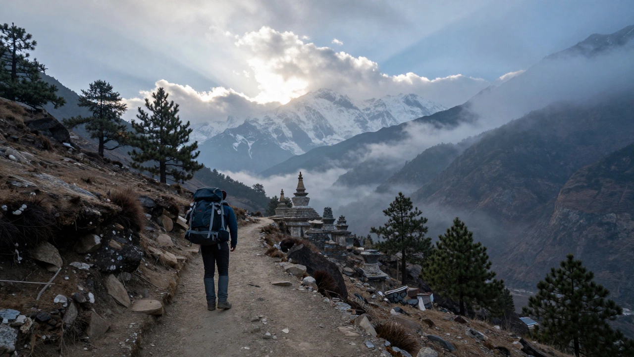 Трекер с рюкзаком на тропе в горах Непала с туманной долиной на фоне.