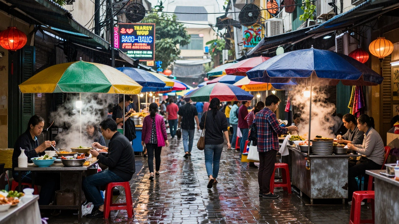 Живой рынок в Ханое во время внезапного ливня, люди укрываются под цветными навесами.
