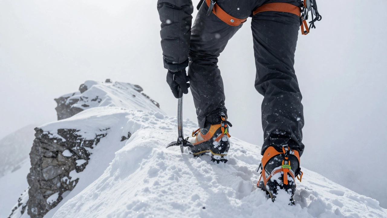 Ботинки альпиниста и ледоруб на заснеженном склоне горы