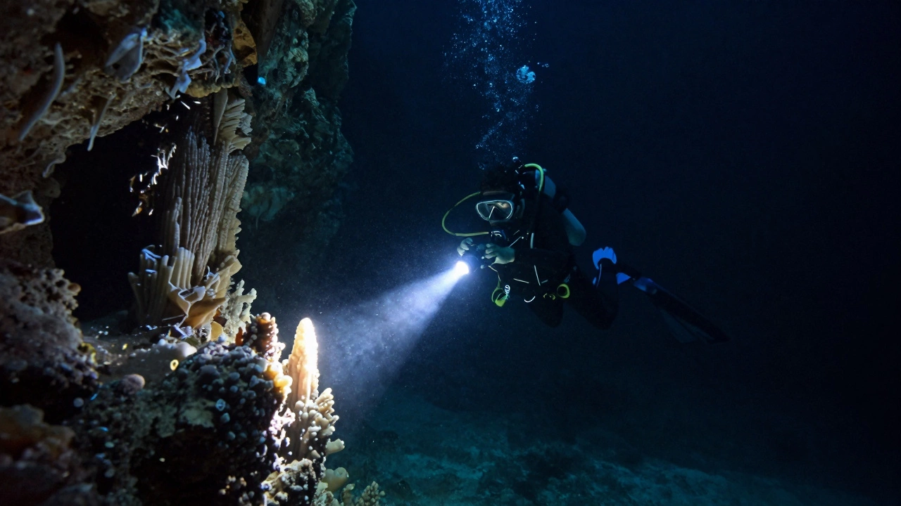 Дайвер с фонарем исследует темную подводную пещеру