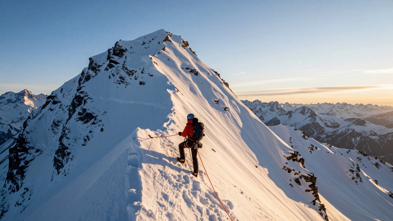 Два альпиниста в страховочной связке поднимаются по заснеженному склону горы на закате