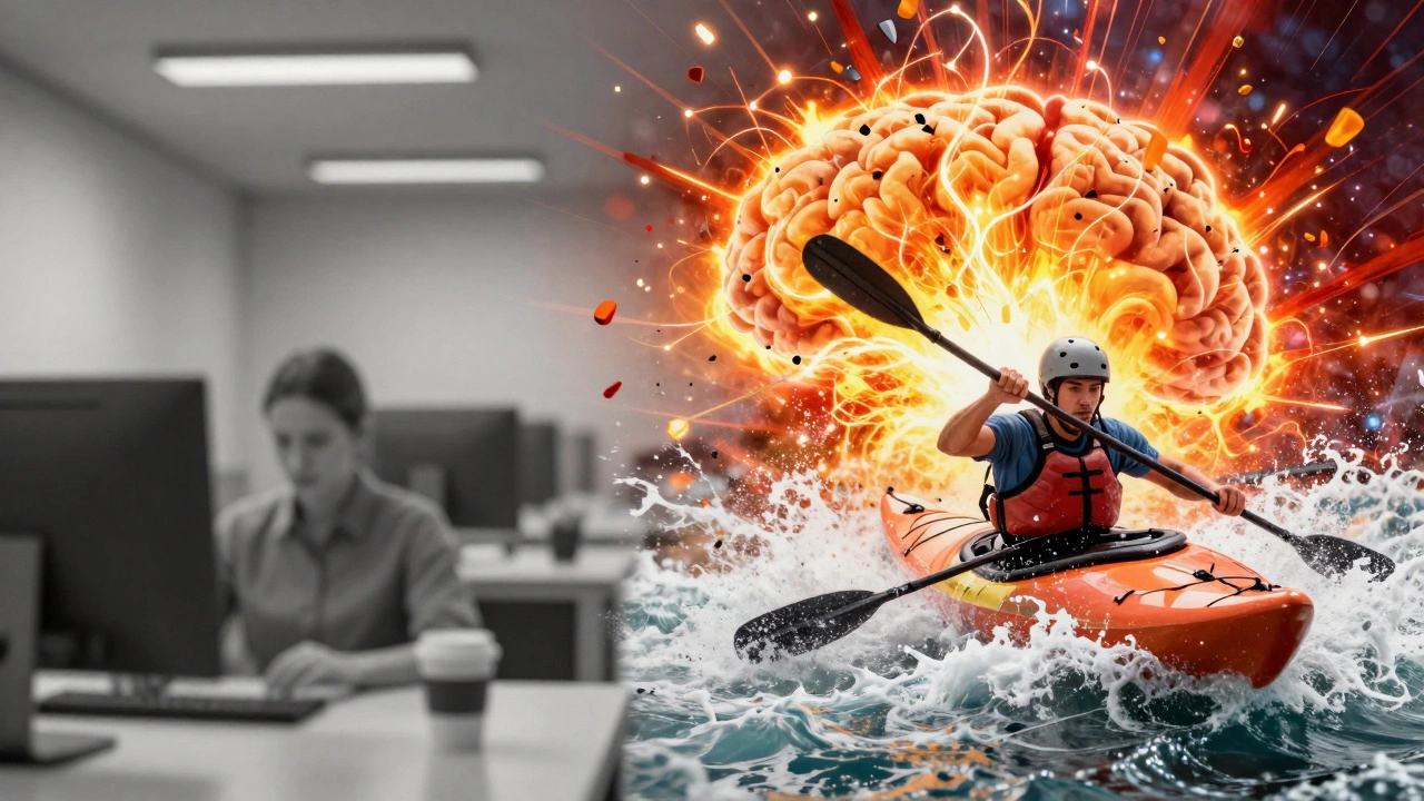 Контраст между серой офисной рутиной и ярким всплеском эмоций во время рафтинга